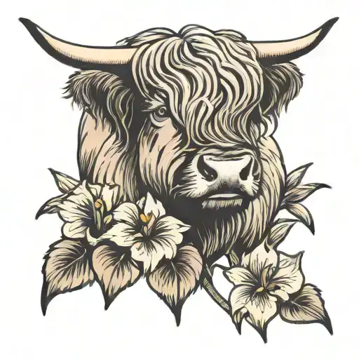 Highland cow and iris  tattoo design idea