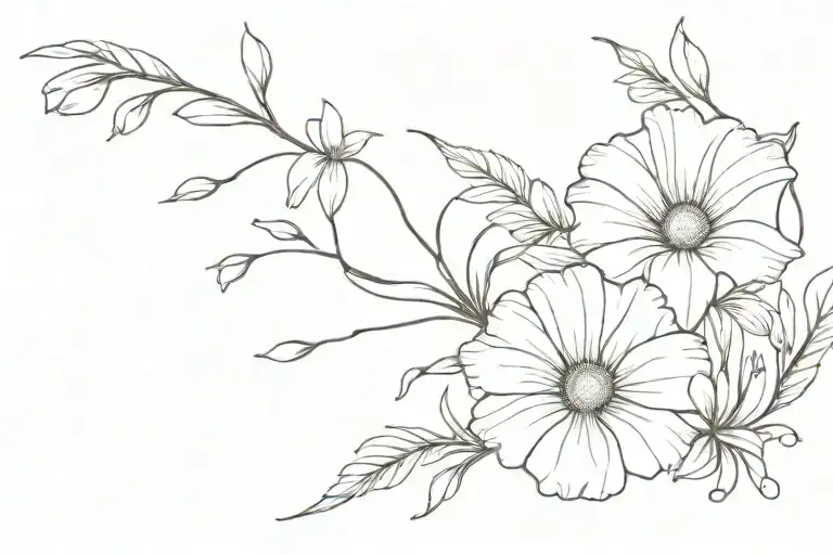 an inner bicep tattoo that incorporates the name Hadee, A morning glory, Aster, and a Daisy  tattoo design idea