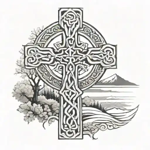 A Celtic cross with intricate Nordic patterns and outdoor scenery in black and grey tattoo design idea