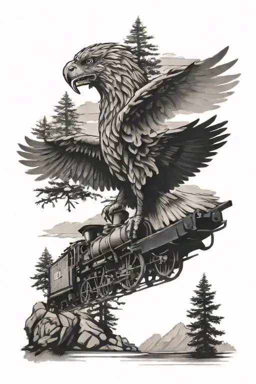 train, lion, pine trees, river, eagle, cross tattoo design idea