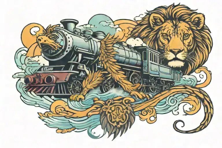 train, lion, river, jet, eagle soaring tattoo design idea