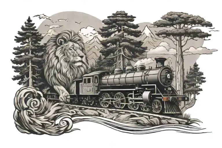 train, lion, pine trees, river, eagle, cross tattoo design idea