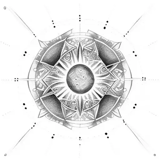 A dotwork tattoo of a ring of fire eclipse surrounded by intricate numerology symbols tattoo design idea