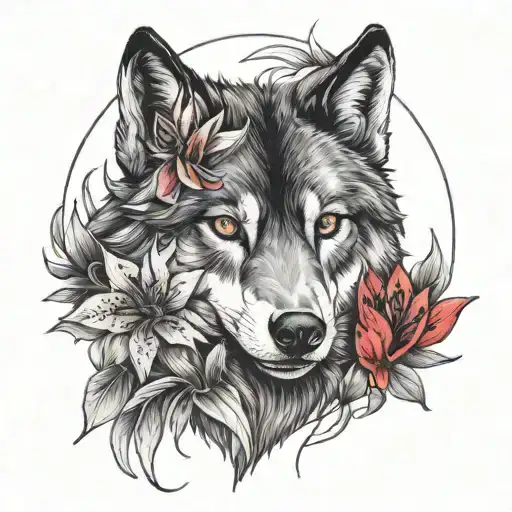 A black and grey portrait of a wolf surrounded by red lilies tattoo design idea