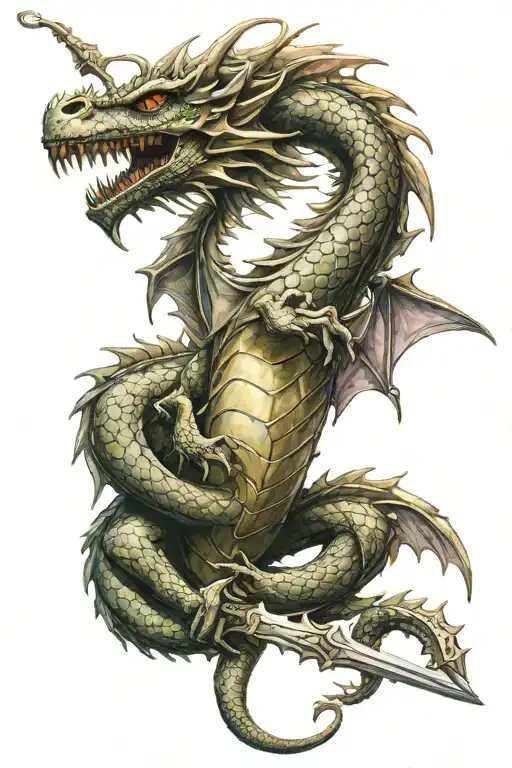 dragon with excalibur tattoo design idea