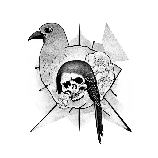 Blackwork Caveira With A Crow Perched On Top Tattoo Idea BlackInk AI
