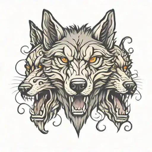 three headed wolf face tattoo design idea
