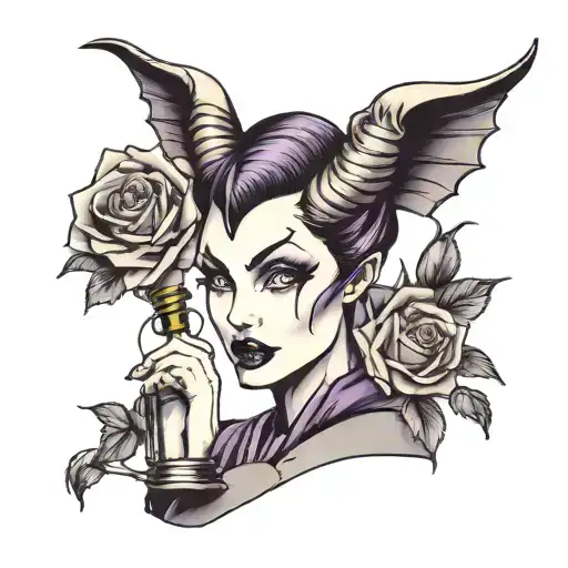 banksy inspired tattoo with maleficent holding a grenade, black and dark purple roses in back tattoo design idea