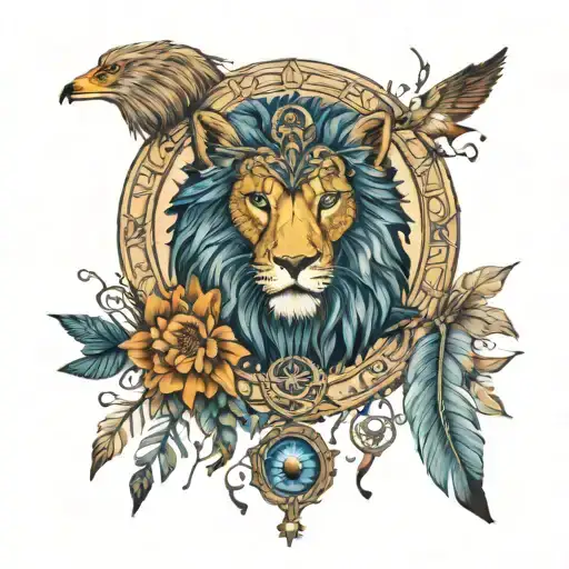 tree of life with dream catcher entangled with evil eye along with lions flowers sun and the moon while birds around  tattoo design idea