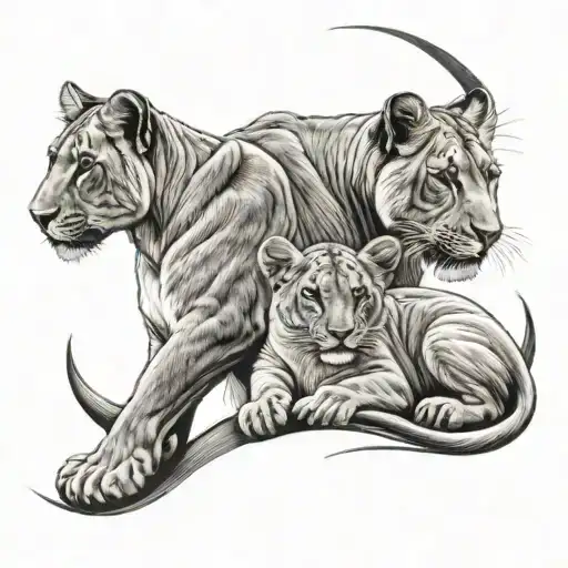 crescent moon lioness 2 cubs playing tattoo design idea