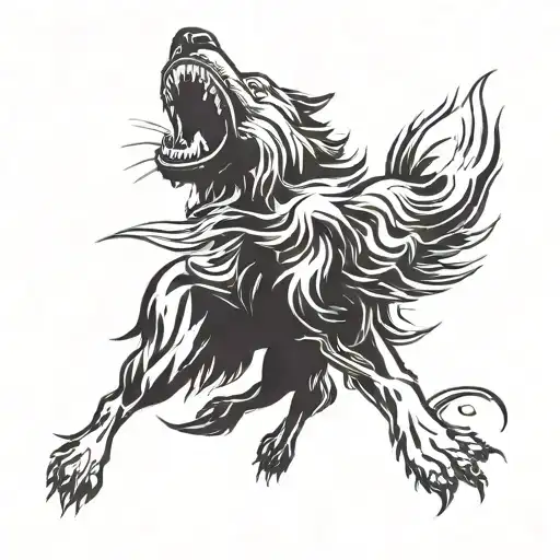 black dog with his tongue coming out like traditional wolf head. full body leaping like a fox tattoo design idea