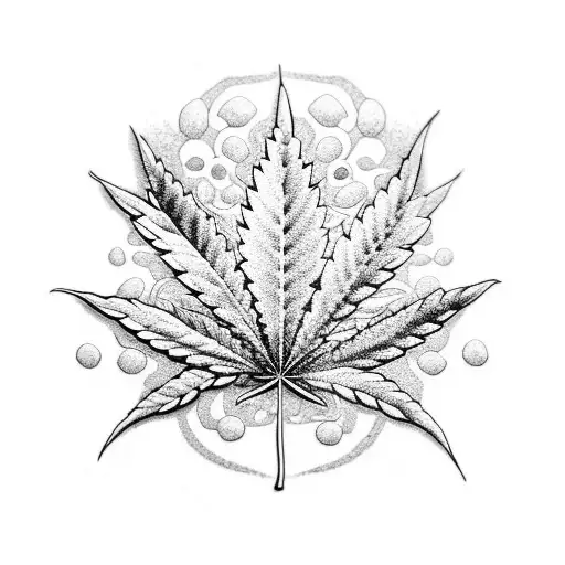 A dotwork tattoo featuring a cannabis leaf with the THC molecule hidden within its intricate patterns tattoo design idea