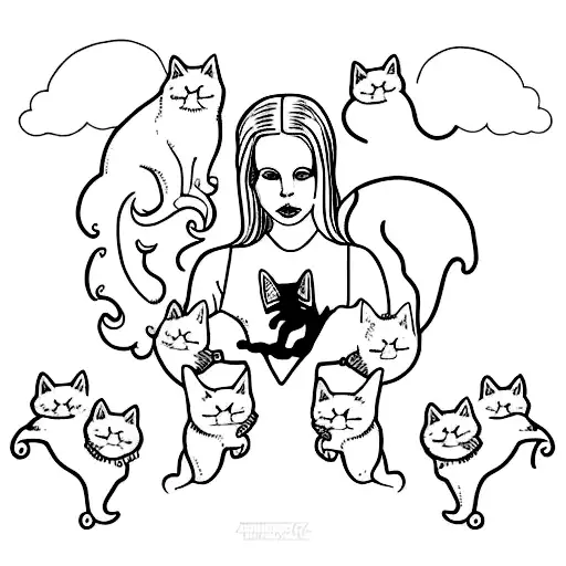 A minimalist tattoo of Lana Del Rey's silhouette surrounded by cats tattoo design idea