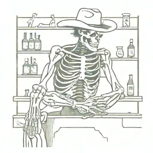 skeleton, cowboy, leaning back against a bar standing with elbows against bar, smoking cigarette. tattoo design idea