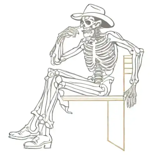 thin line design, skeleton, cowboy, leaning back against a bar standing with elbows against bar, smoking cigarette. tattoo design idea