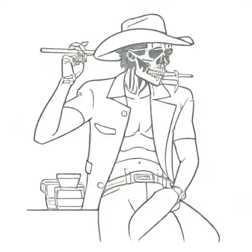 skeleton, cowboy hat, leaning against bar, cool guy pose, smoking cigarette tattoo design idea
