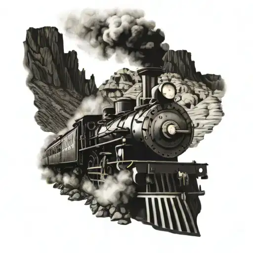 A steam engine train chugging through a rugged western canyon, with a boilermaker's tools scattered around tattoo design idea