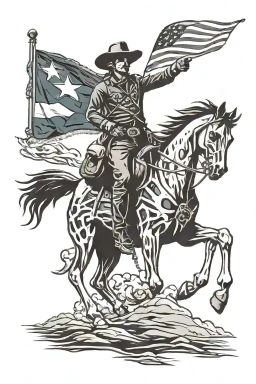 A western cowboy silhouette riding a skeleton horse, with a Texas flag waving in the wind tattoo design idea