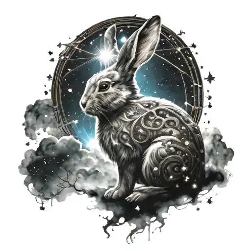 A mystical rabbit surrounded by celestial symbols and glowing stars tattoo design idea