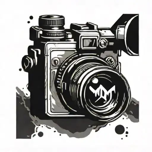 A minimalist tattoo of a camera lens with a Call of Duty mobile logo in the center, merging the client's passion for photography and Call of Duty mobile tattoo design idea