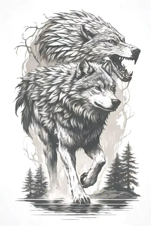 A wolf on the forearm stood in trees, with a river flowing down the arm and an eagle on the shoulder/upper arm. tattoo design idea