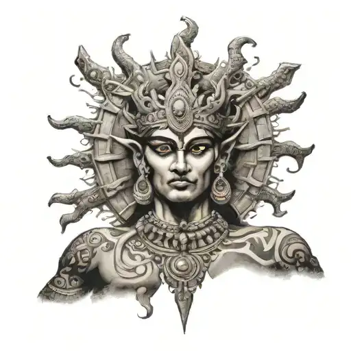karna with sun god eyes staring at him sleeve tattoo design idea