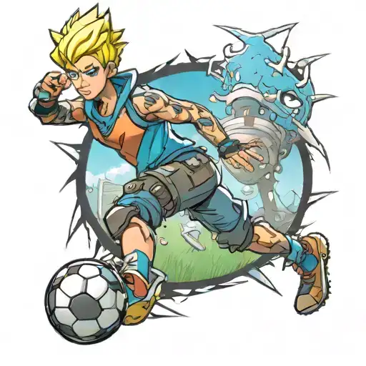 A anime  tattoo of a Fortnite character in a battle royale setting on a soccer field  tattoo design idea
