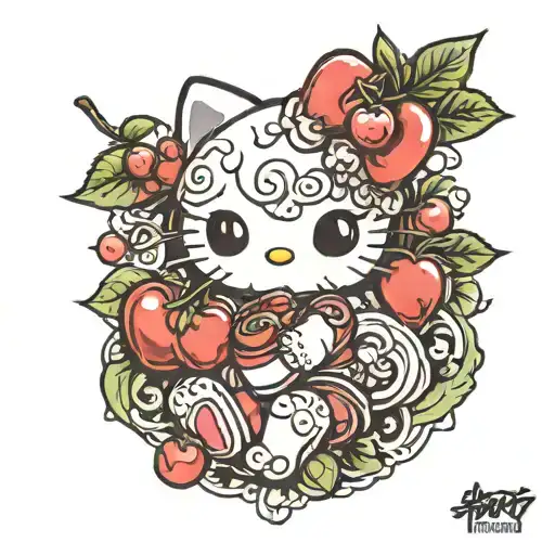 hello kitty eating cherries tattoo design idea