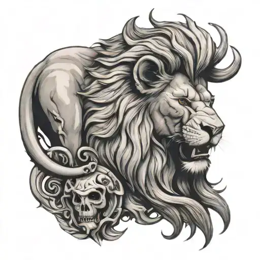 Lion with ram skull wearing tattoo design idea