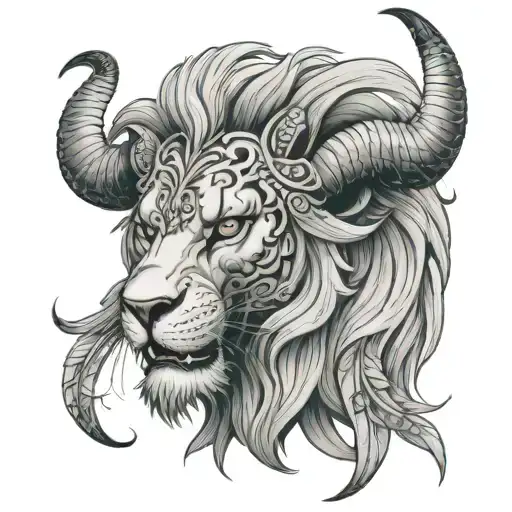Lion with ram skull mask tattoo design idea
