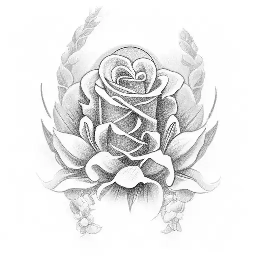 jesus,maria e o espirito santo com um terço e flor no peito tattoo design idea