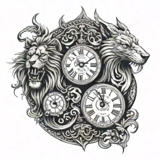 lion, wolf, eagle, snake and clock  tattoo design idea