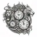 lion, wolf, eagle, snake and clock  tattoo design idea
