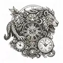 lion, wolf, eagle, snake and clock  tattoo design idea