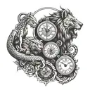 lion, wolf, eagle, snake and clock  tattoo design idea