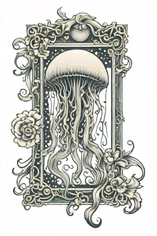 moon jellyfish inside rectangle frame tattoo design idea