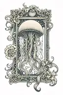 moon jellyfish inside rectangle frame tattoo design idea