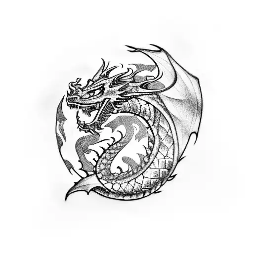 black and white tattoo with dragon, dwarf, elf, warrior, wizard, castle tattoo design idea