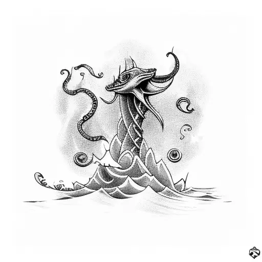 A mythical sea creature playing a video game on the beach tattoo design idea