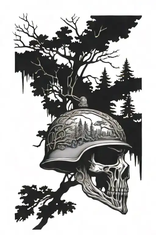 An intricate design of a forest landscape with a soldier's helmet hanging from a tree branch as a symbol of honoring the fallen tattoo design idea