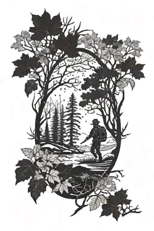 A detailed blackwork tattoo of a forest scene with a silhouette of a fallen soldier honoring the fallen tattoo design idea