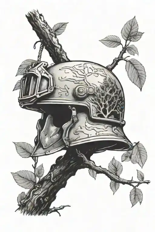 A black-grey tattoo of a military helmet hanging on a tree branch in a forest as a tribute to fallen soldiers tattoo design idea