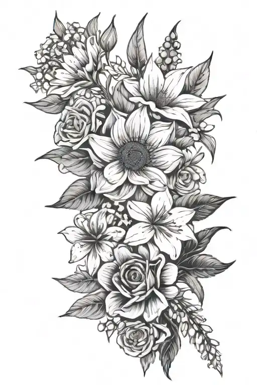 Pack of Cigarettes with a bouquet of Roses, Sunflower, Cosmos, Larkspur and lily of the valley coming out of it.  tattoo design idea