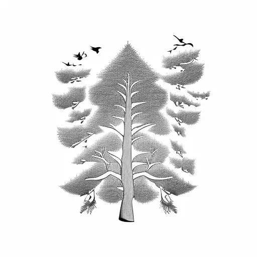 A blackwork tattoo of a pine tree with a heart-shaped trunk, where the birds flying around it are formed by negative space tattoo design idea