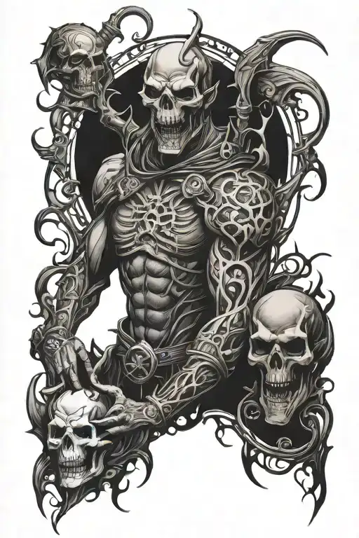 Full sleeve tattoo featuring gothic, demonic  images tattoo design idea
