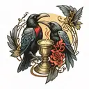 crows fighting over a chalice with red tattoo design idea