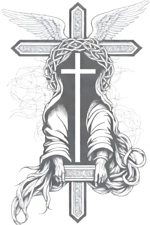 crucifix with crown of thorns around it and shroud draped over it with angel looking down forearm half sleeve tattoo design idea