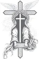 crucifix with crown of thorns around it and shroud draped over it with angel looking down forearm half sleeve tattoo design idea