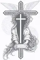 crucifix with crown of thorns around it and shroud draped over it with angel looking down forearm half sleeve tattoo design idea