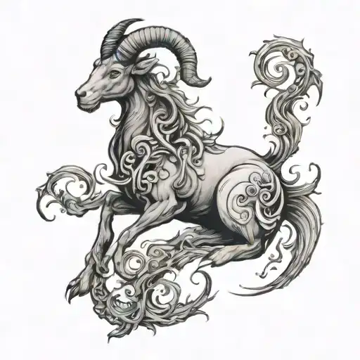 A mystical and ethereal depiction of a Capricorn sea goat tattoo design idea